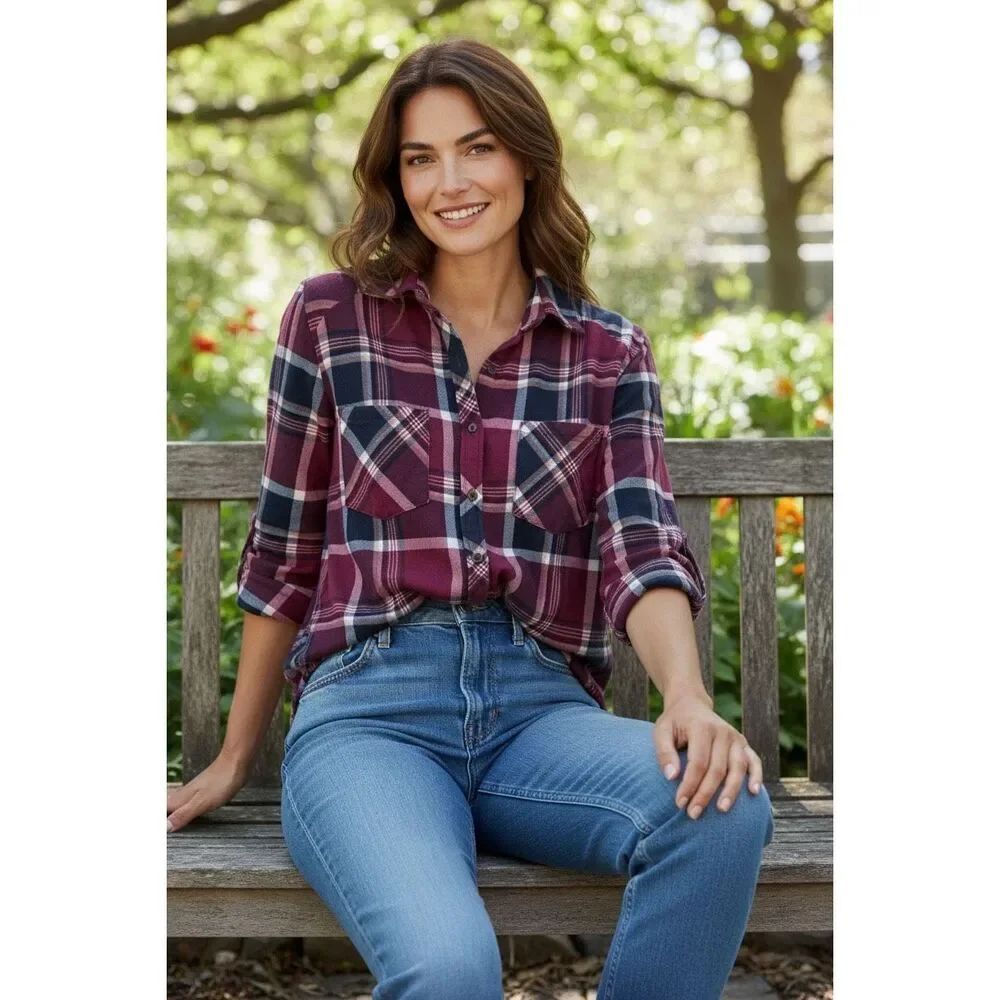 Passport Burgundy Plaid Button Down Tunic Shirt 1X